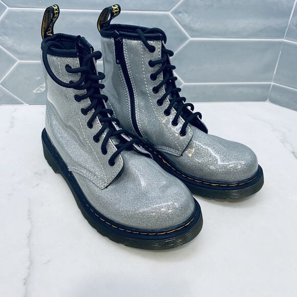 Doc Martens 1460 Glitter J Boots Youth Size 3 Silver Lace Up Combat Shoes Girls - Picture 1 of 9